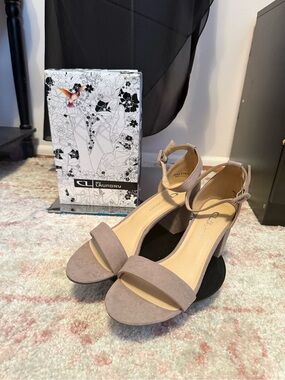 CL by Laundry Taupe Suede Block Heel Sandals with Ankle Strap